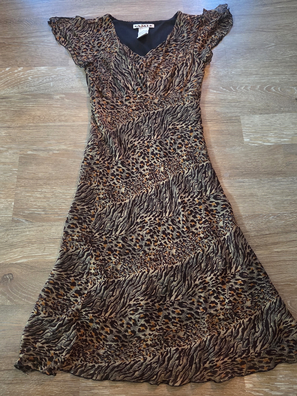 Ami Brown and Black Animal-Print Midi Dress